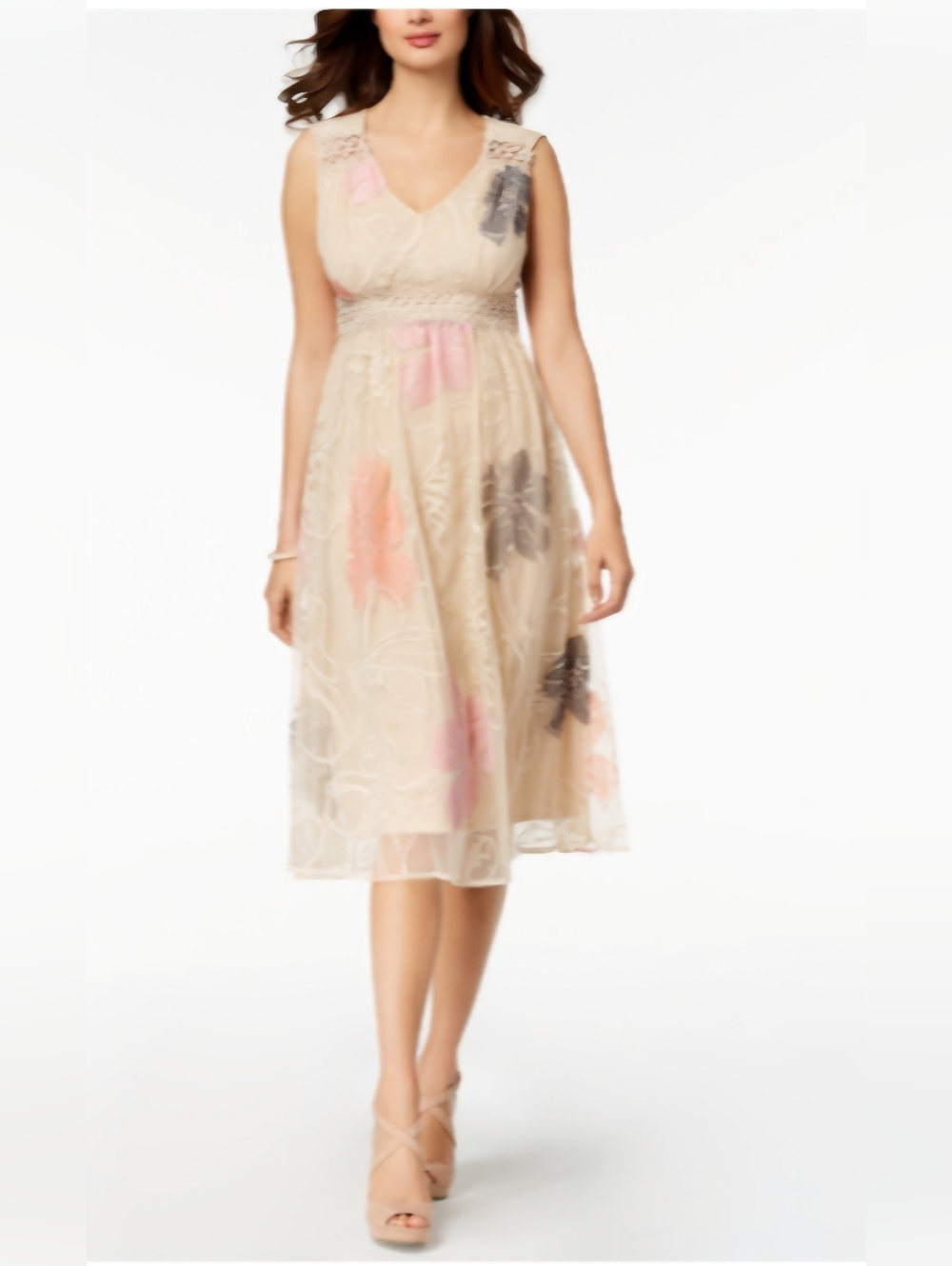 Taylor Beige Midi Dress with Pink and Gray Floral Embroidery Size 2, New W/tag!